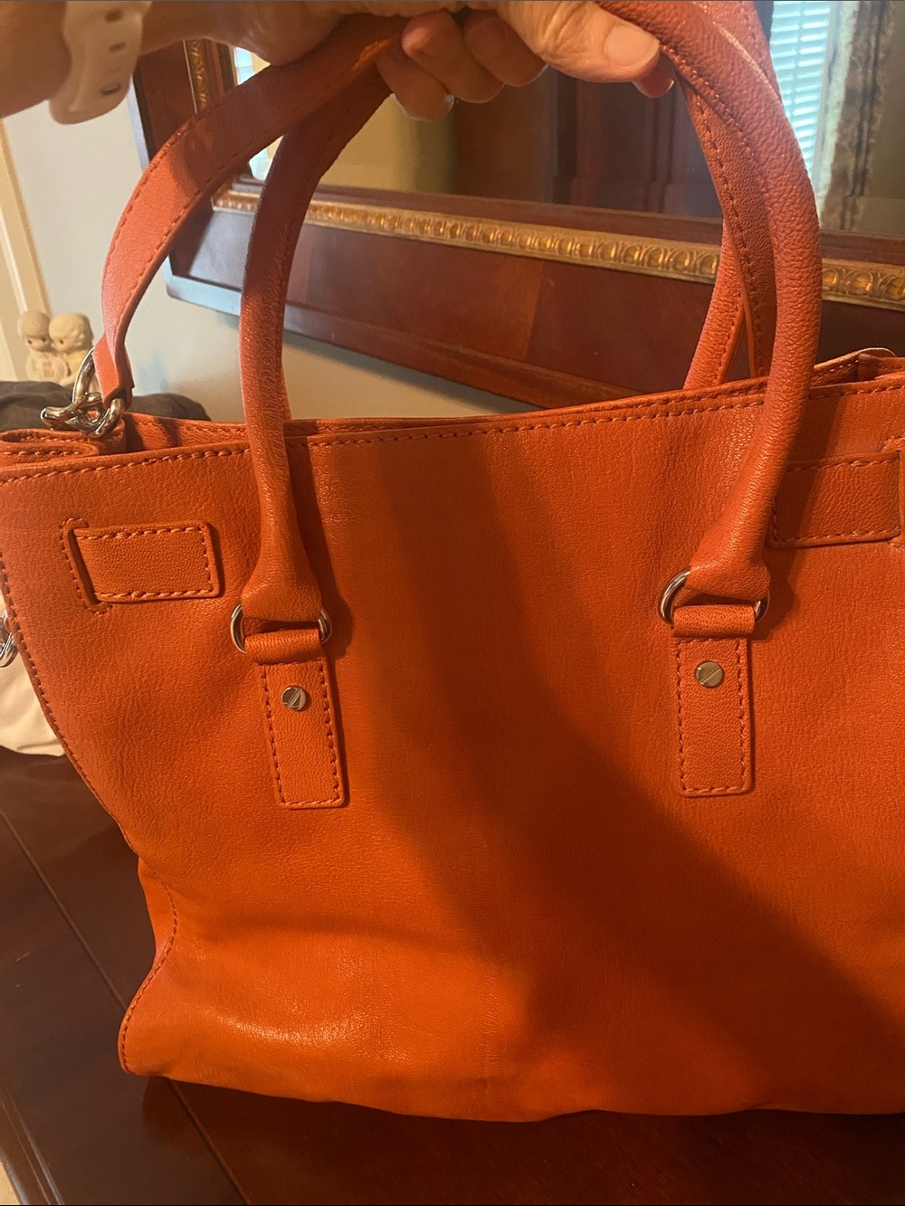Michael Kors Orange Leather Tote with Silver Logo Charm and Chain Strap - Picture 2 of 4